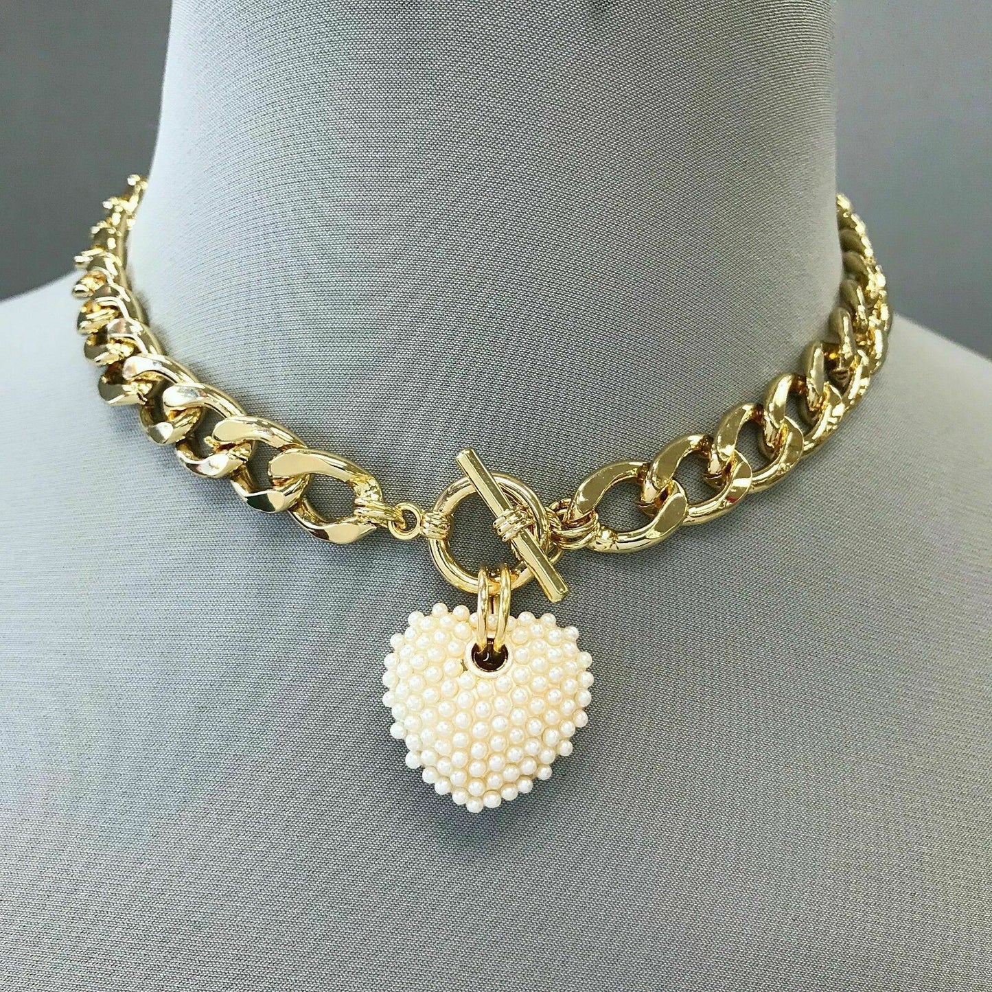 Gold Finish Cuban Link Pearl Rhinestone Heart Pendant