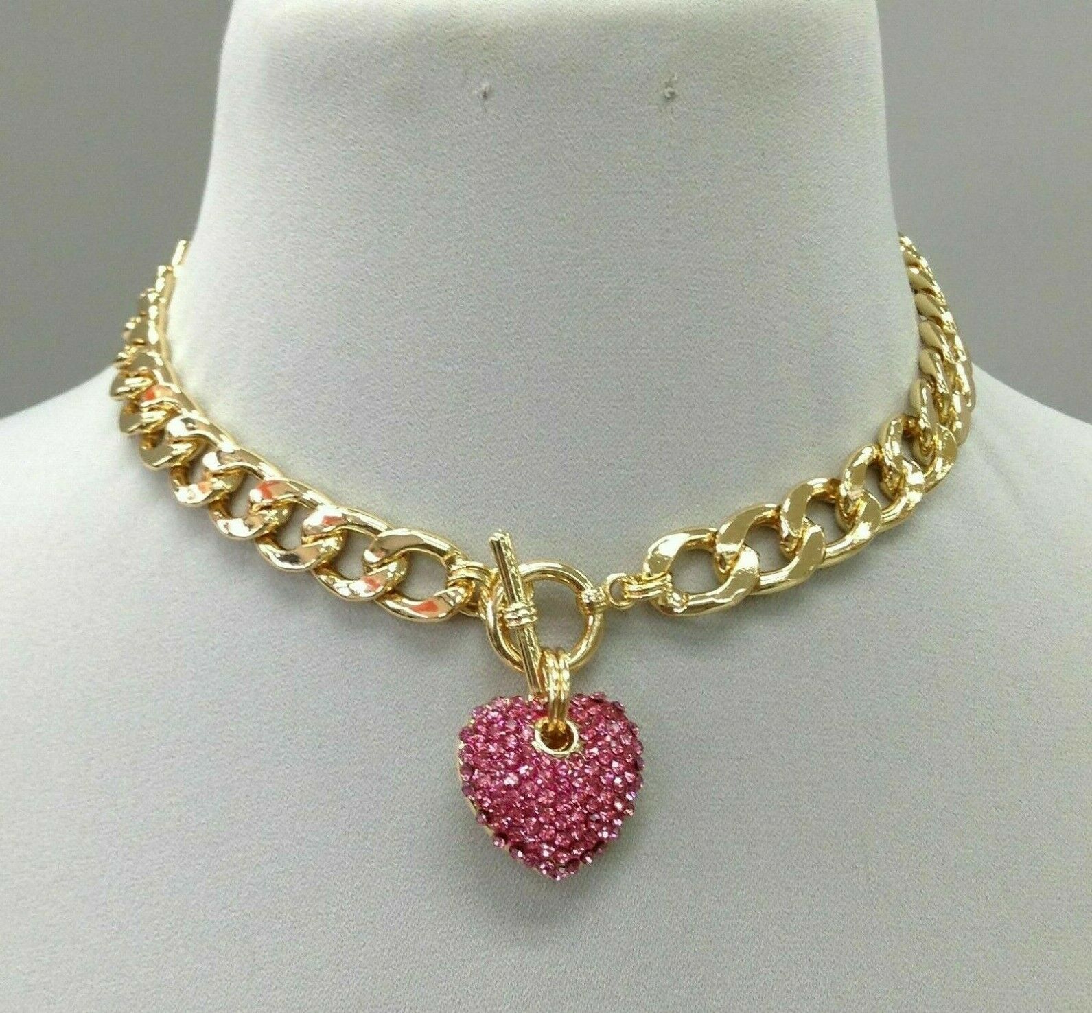 Gold Finish Cuban Link Pink Rhinestone Heart Pendant