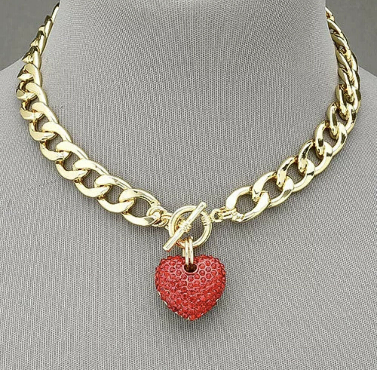 Gold Finish Cuban Link Red Rhinestone Heart Pendant