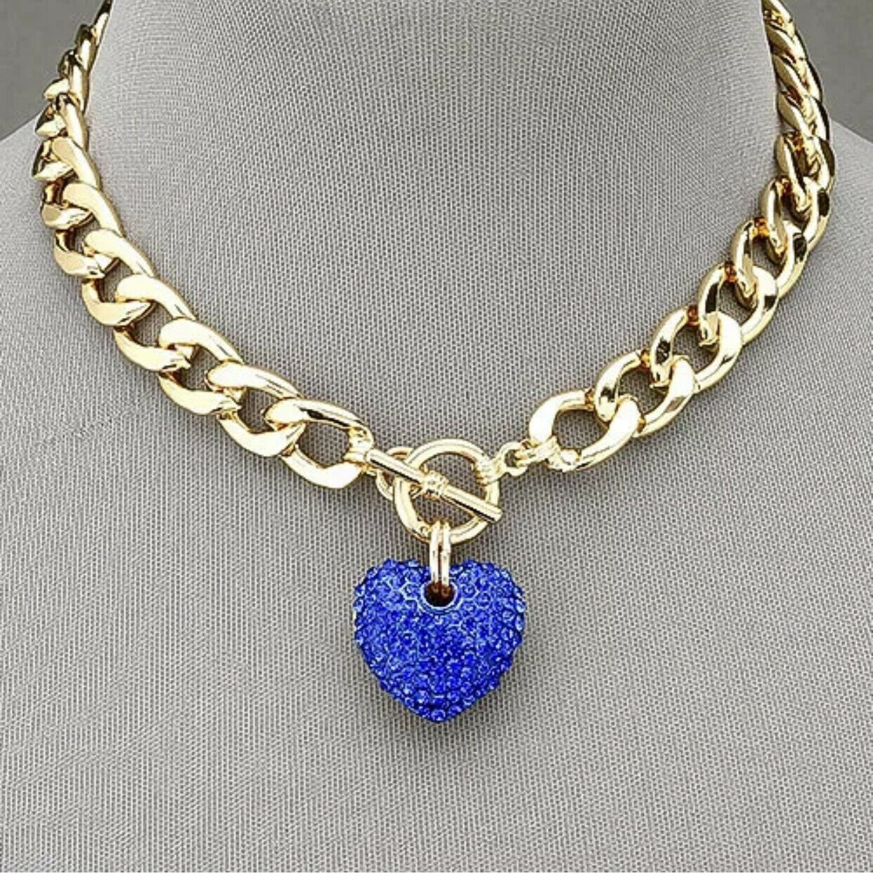 Gold Finish Cuban Link Blue Rhinestone Heart Pendant