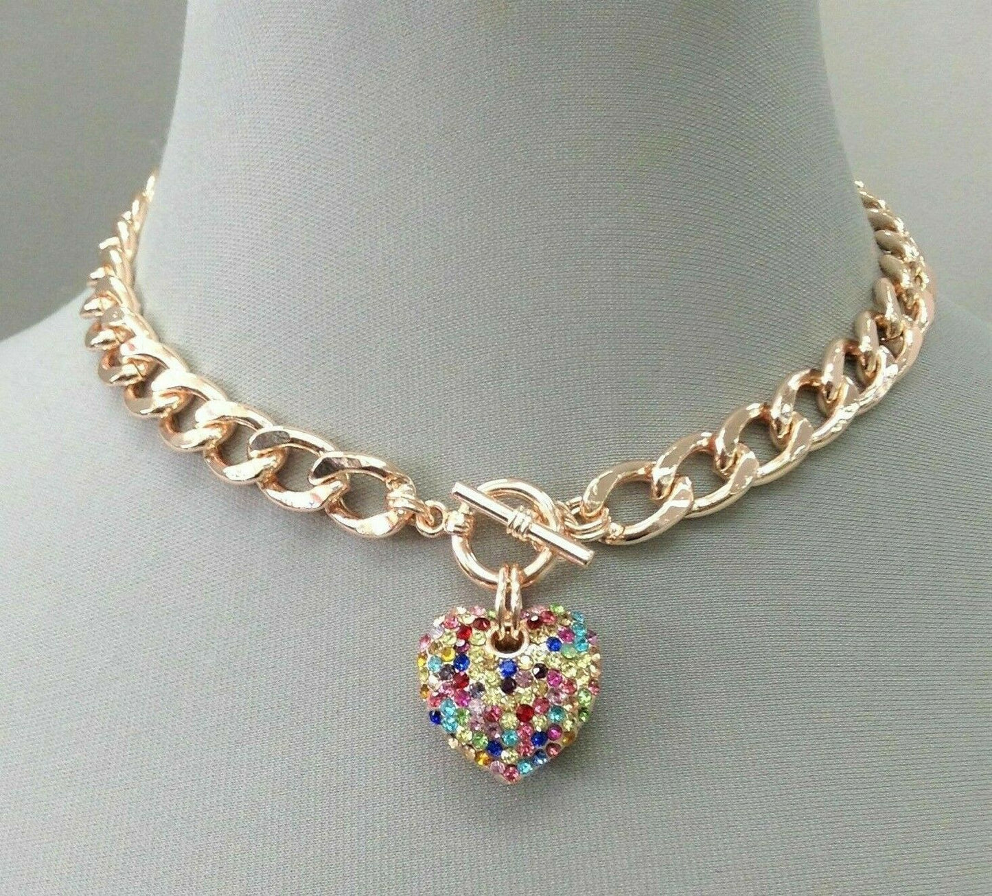 Rose Gold Finish Cuban Link Multi color Rhinestone Heart Pendant