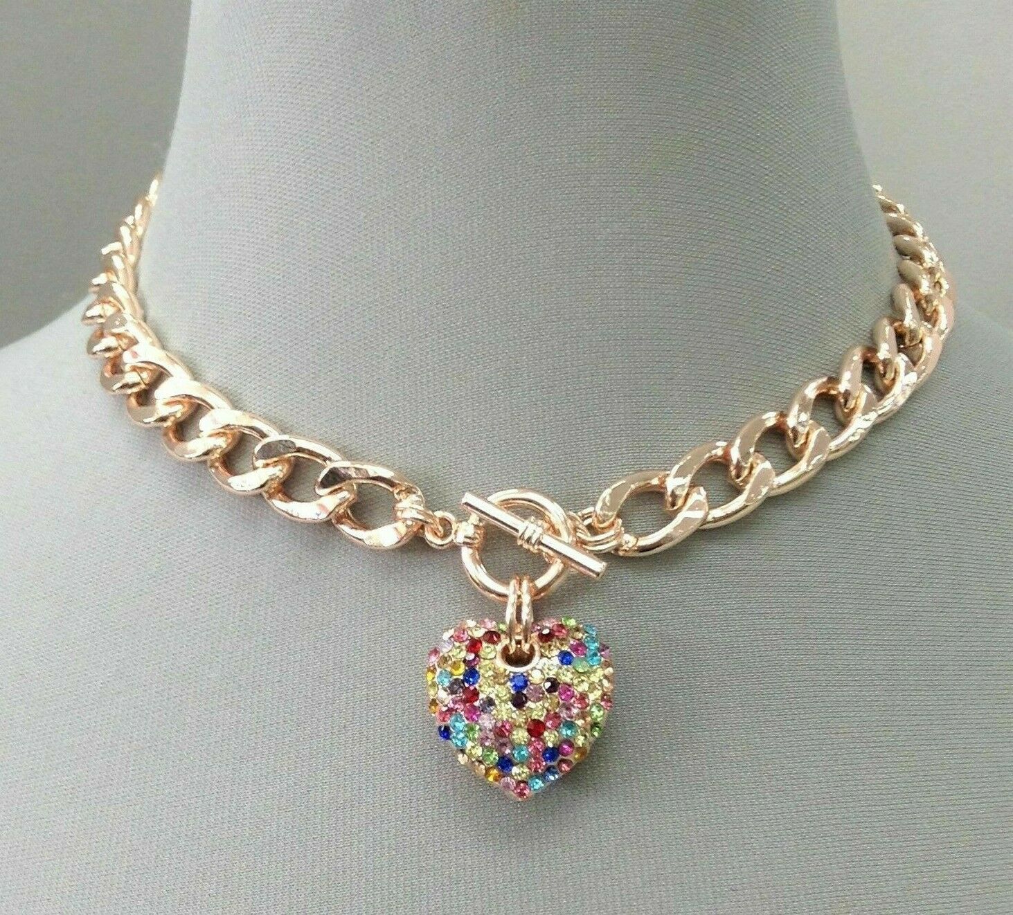 Rose Gold Finish Cuban Link Multi color Rhinestone Heart Pendant