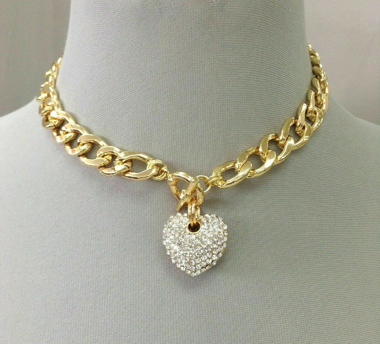 Gold Finish Cuban Link Rhinestone Heart Pendant