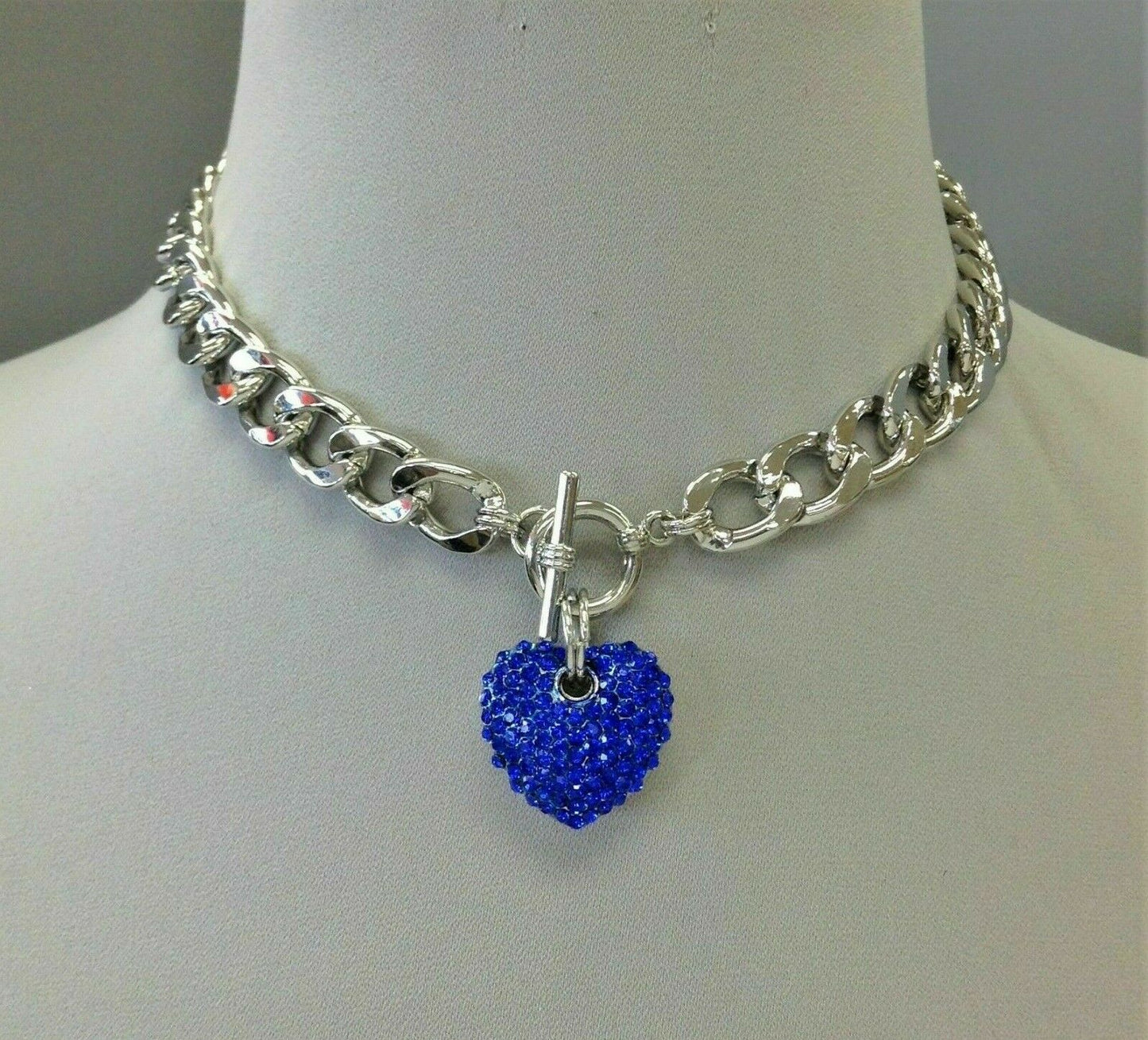 Silver Finish Cuban Link Blue Rhinestone Heart Pendant