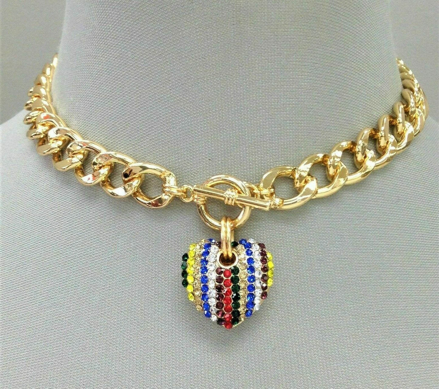 Gold Finish Cuban Link Multi color Striped Rhinestone Heart Pendant