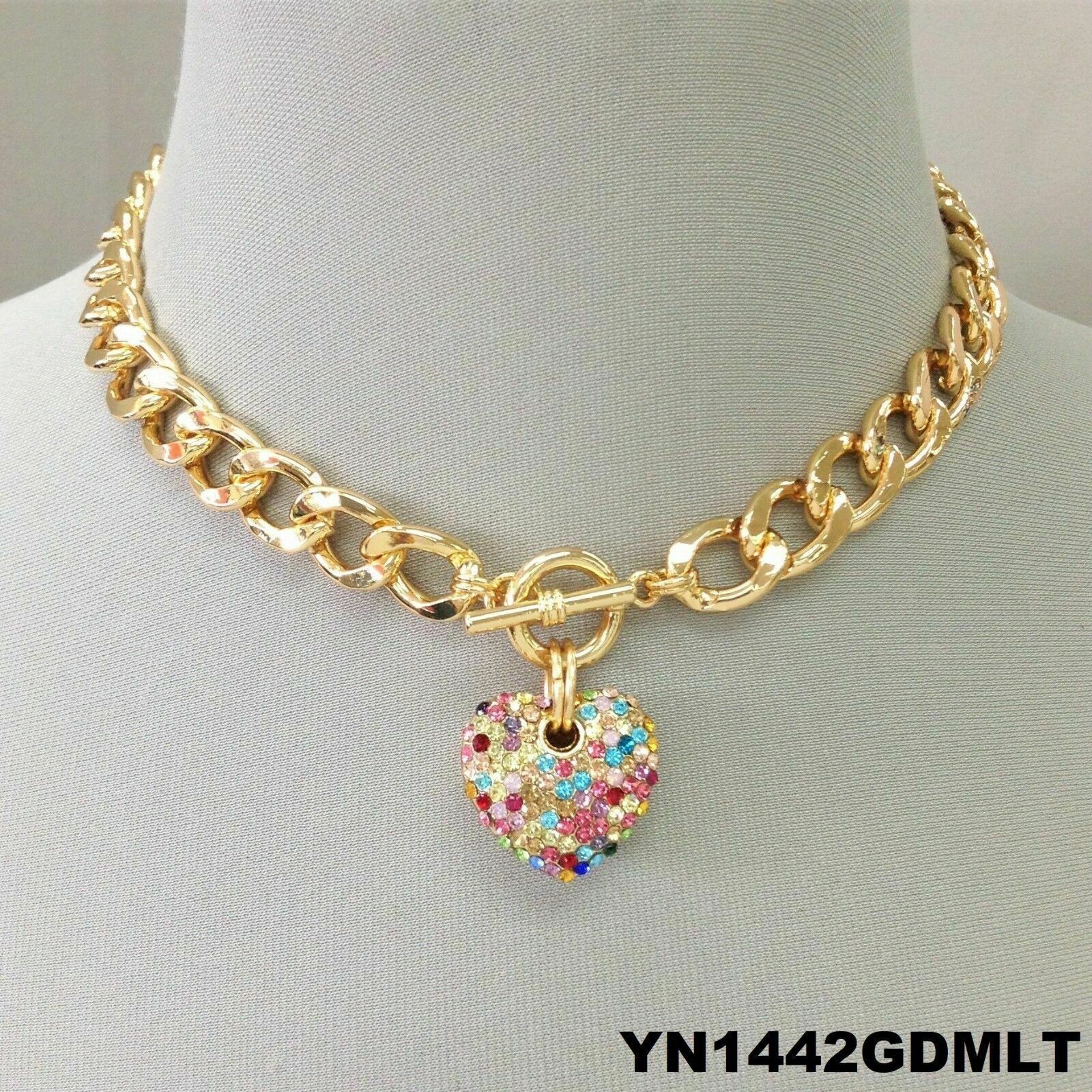 Gold Finish Cuban Link Multi color Rhinestone Heart Pendant