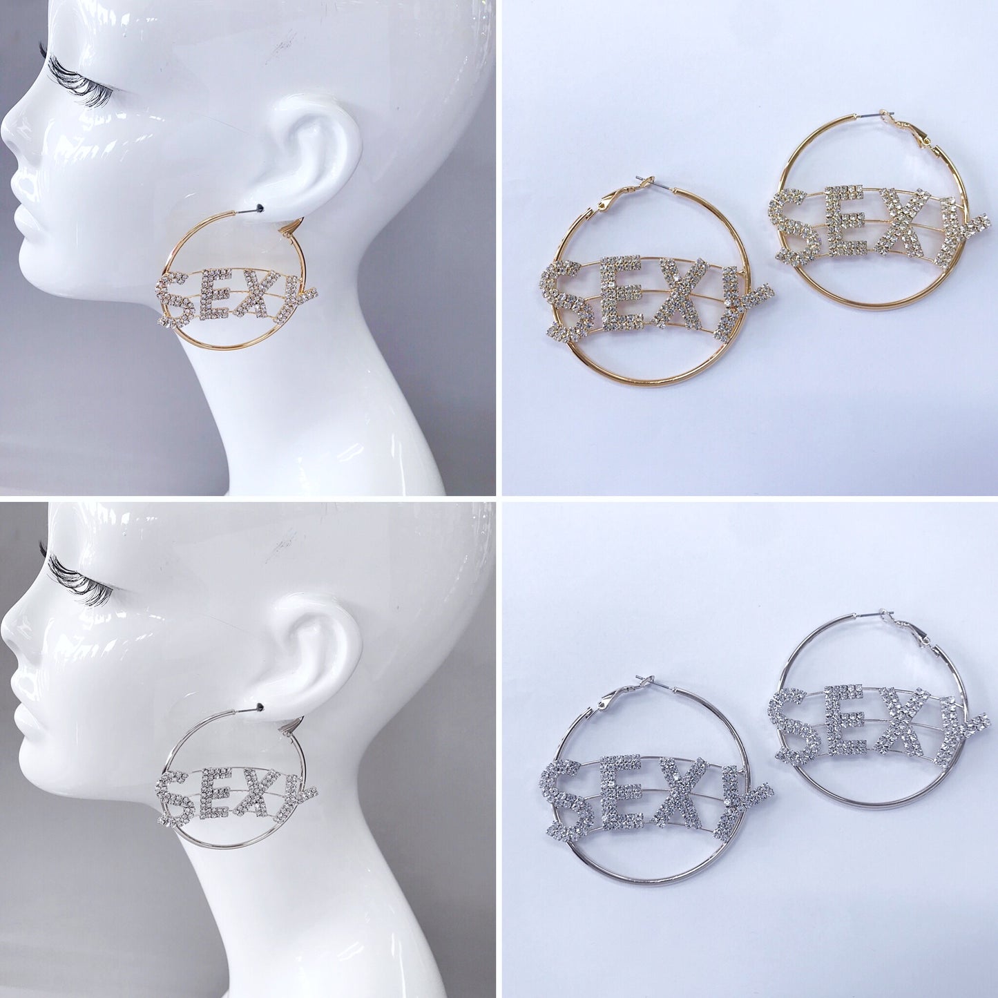 Gold or silver hoop earrings with rhinestone SEXY letters across